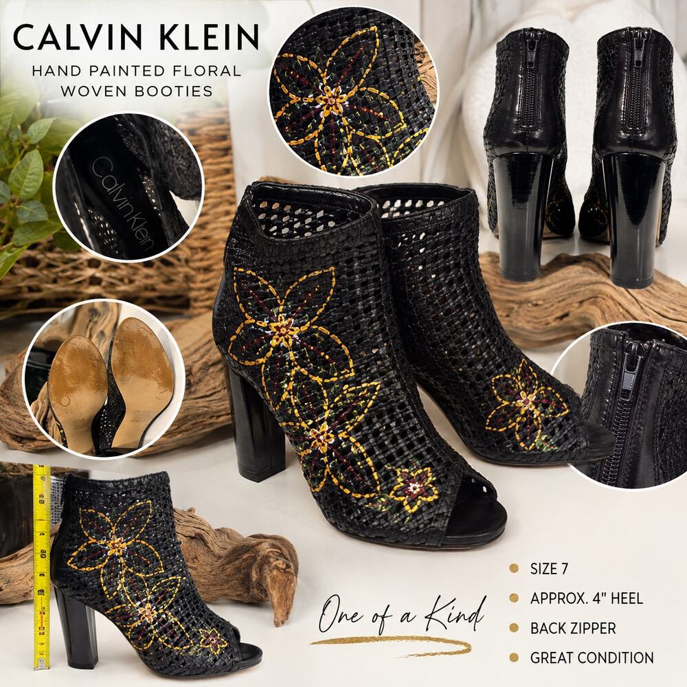 CALVIN KLEIN Custom Hand Painted Floral Woven Booties Heels Size 7